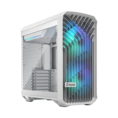 Imagen de Fractal Design Torrent Compact RGB White Clear Tint Tempered Glass Side Panel Open Grille for Maximum Air Intake Two 180mm PWM Fans Included Type C ATX Airflow Mid Tower PC Gaming Case