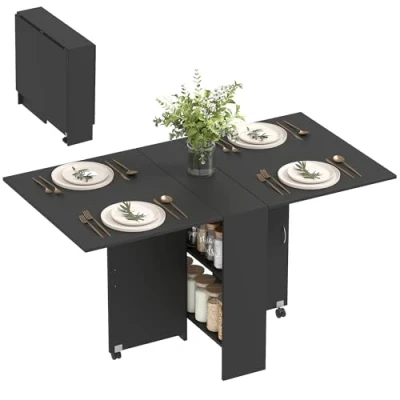 Imagen de HOMCOM Mesa de Comedor Plegable Madera con 2 Solapas Estantes Almacenaje y Ruedas para Cocina 75x140x74 cm Negro
