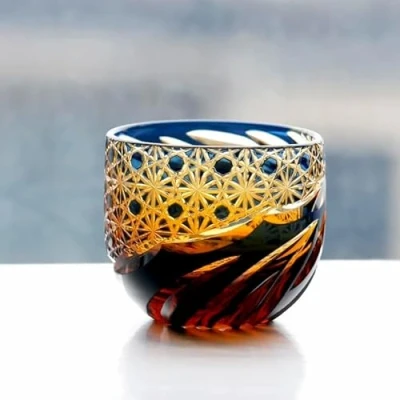 Imagen de Vaso de chupito Cristal con Caja Edo Kiriko Estilo japonés 2 onzas, caleidoscopio Tallado a Mano, Copas Vino pequeñas, Vodka, Licor, Vasos Cortos (Azul)