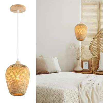Imagen de Schindora Vintage Lampara Bambu,Madera Boho De Techo Para Cocina Tejido A Mano Lamparas Salon Uno Luz Granja Madera Comedor Dormitorio