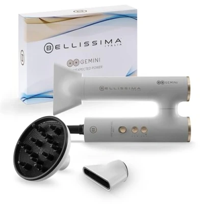 Imagen de Bellissima, Secador de pelo Gemini, ligero, compacto, mango giratorio, motor digital, flujo aire ultrapotente, ionizador, 2 concentradores y difusor, 3 velocidades temperaturas
