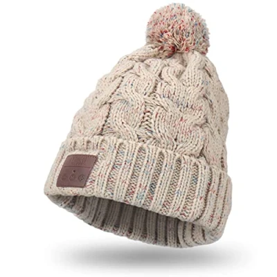 Imagen de August Gorro Bluetooth Mujer Hombre Beige Pompón EPA30 Beanie Telefono 5.0 Auriculares Punto Invierno Altavoz Inalámbrico Running Deportivo Diadema música Lavable