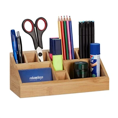 Imagen de Relaxdays Portalápices Bambú, Organizador Escritorio Rectangular, 10 Compartimentos, Oficina, 9,5 x 23 9 cm, Natural