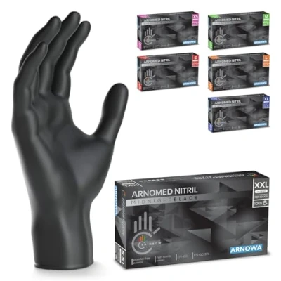 Imagen de ARNOMED guantes nitrilo negro talla XXL, de nitrilo, caja 100 unidades, negros sin polvo y látex, desechables, mecanico en XS, S, M, L, XL, XXL