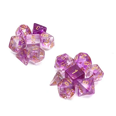 Imagen de DollaTek Juego de Dados Transparentes poliédricos Juegos Mesa 2 x 7 (14 Piezas) Serie D20 D12 D10 D8 D6 D4 DND RPG MTG Colores Dobles Una Pieza (Púrpura)