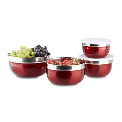Imagen de Relaxdays Boles con Tapa, Set de 4, Acero INOX y Plástico, Rojo, Diferentes Tamaños, Inoxidable, 18.4x18.4x9 cm, 4