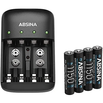 Imagen de ABSINA Cargador Pilas AA AAA &amp; 9V + 4X 1150 Pila Recargables NiMH para 4 Baterías AA, Cargadores de