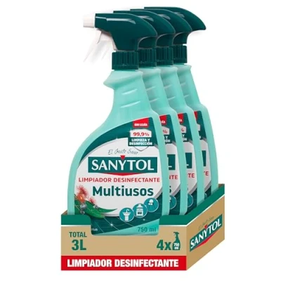 Imagen de Sanytol Limpiador Desinfectante Multiusos, Elimina Bacterias, Hongos y Virus Sin Lejía, Perfume Eucaliptus Pack de 4 x 750 Ml = 3L