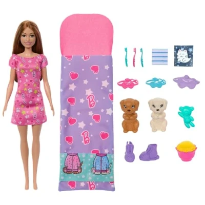 Imagen de Barbie Fiesta de pijamas cachorros, Muñeca morena con saco dormir, mascotas que cambian color y accesorios dulces sueños, juguete +4 años (HXN01)
