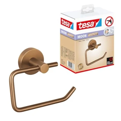 Imagen de tesa Moon Portarrollos Autoadhesivo para Papel Higiénico sin Tapa Metal Revestido de PVD, Cepillado en Bronce Taladrar, Incluye Solución Adhesiva 99 mm x 140 53