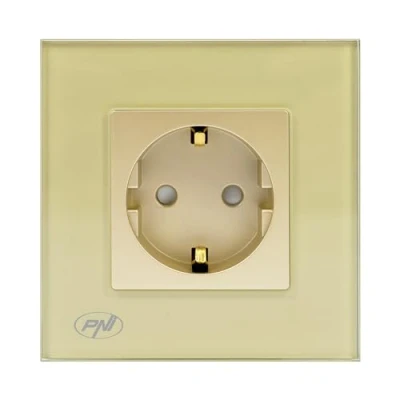 Imagen de Enchufe empotrable simple PNI WP101G con marco de cristal, color oro dorado, 16A 3000W