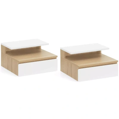Imagen de IDMarket TOMI Juego de 2 mesitas noche para pared, estante colgante + 1 madera haya y cajón, color blanco