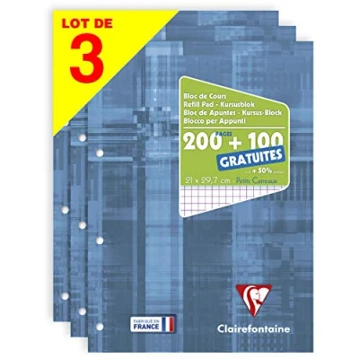 Imagen de Clairefontaine 65816AMZC Lote de 3 bloques curso perforados, A4, 21 x 29,7 cm, 200 páginas + 100 pequeñas baldosas Papel blanco 90 g Cubierta para tarjeta con película