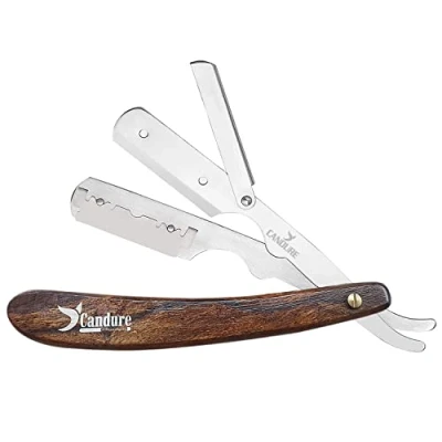 Imagen de Candure Navaja Afeitar Barbero Profesional Recta para Afeitado Tradicional Mango de madera Plegable con 10 Cuchillas