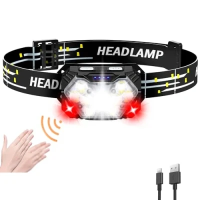 Imagen de SENDALE Linterna frontal LED recargable,Linterna Cabeza 5000 lúmenes,9 LED,funciona con pilas,luz roja y sensor de movimiento,7 modos luz,mantenimiento,pesca