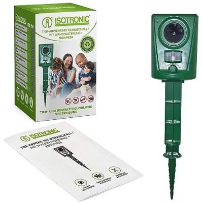 Imagen de ISOTRONIC Repelente de animales ultrasónico Ahuyentaodr con ultrasonidos para perros, gatos, martas, mapaches y aves acústico jardín, balcón, huerto, granero Set 2