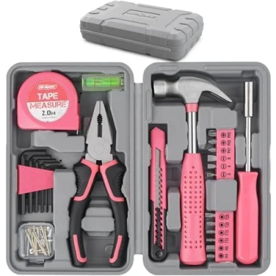 Imagen de Hi Spec Juego de Herramientas 25 piezas en Rosa para el Hogar, Kit Bricolaje Mujeres. Caja Mini Compacta Principiantes