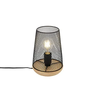 Imagen de Qazqa diseño Lámpara de mesa negra madera BOSK Acero/Redonda Adecuado para LED Max. 1 x 25 Watt
