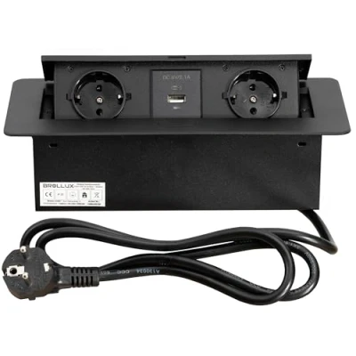 Imagen de BROLLUX Enchufe empotrable retráctil de 2 enchufes con USB y USBC negro apertura suave aluminio fundido 1,5 m cable conexión