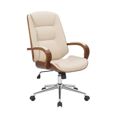 Imagen de CLP Silla De Oficina Yankton En Polipiel &amp; Madera Curvada I Sillón Ejecutivo Giratorio con Reposabrazos Base Metálica, Color:Nuez/Crema