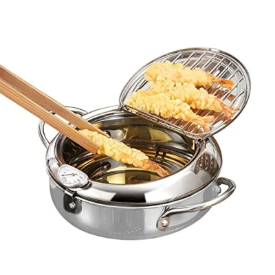 Imagen de Olla Freidora,Freidora de Estilo Japonés con Inducción Termómetro, Mini Sartén Acero Inoxidable Grado Alimenticio Escurridor Goteo Aceite para Cocinar Papas Fritas