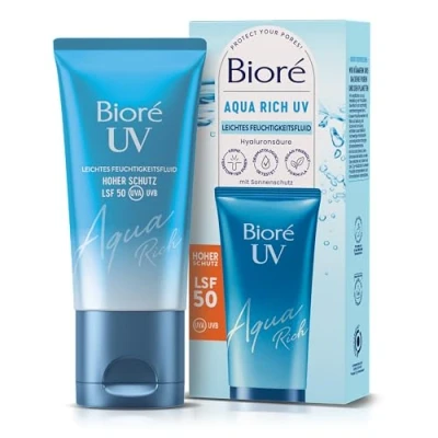 Imagen de Biore Aqua Rich UV Fluido hidratante ligero para la cara Protección solar SPF 50 UVA/UVB Funciona bajo maquillaje No grasoso