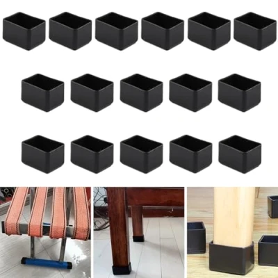 Imagen de 16 protectores rectangulares de silicona 30 x 40 mm, tapas negras para patas silla, muebles, taburete evitar arañazos en el suelo madera dura y