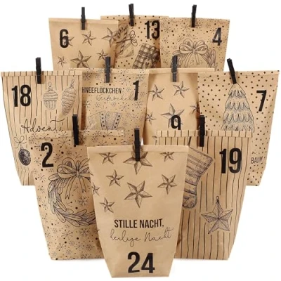Imagen de Extravagante calendario de Adviento para rellenar con 24 bolsas regalo marrones y pegatinas números clips motivo navideño hacer manualidades regalar Navidad