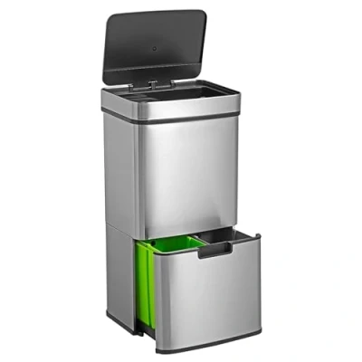 Imagen de WELL HOME Papelera de reciclaje 72L (47L+25L), cubo basura con 2 compartimentos, apertura automática sensor, en acero inoxidable, cromado