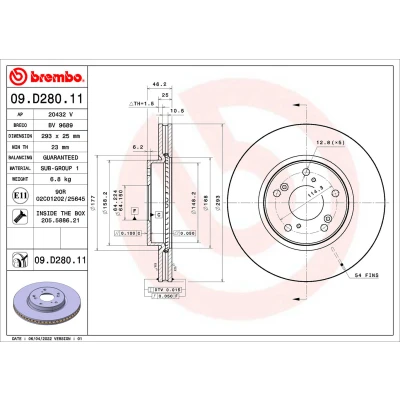 Imagen de BREMBO 09.D280.11 Disco de freno 293 25 5 ventilación interna revestido con tornillos