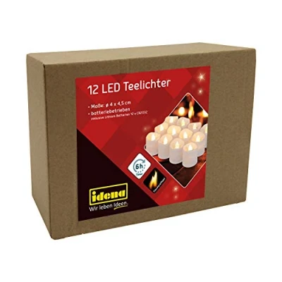 Imagen de Idena 30469 velas de té LED, 12 piezas, eléctricas con luz parpadeante, pilas incluidas, función temporizador 6 horas, decoración para bodas, fiestas, como ambiente