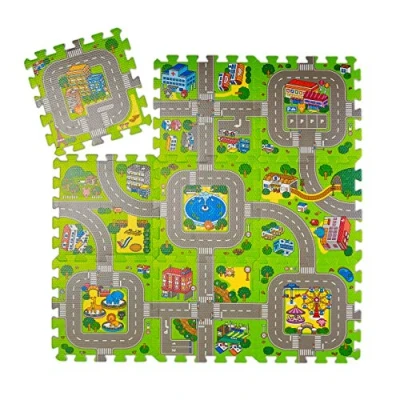 Imagen de Relaxdays Alfombra Puzzle Ciudad, Colchoneta Juego 9 Piezas, Niños y Bebés, Goma EVA, sin Tóxicos, 90x90 cm, Multicolor