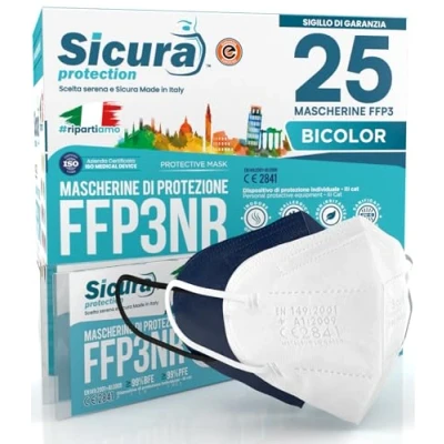 Imagen de 25 mascarillas FFP3 certificadas CE Azul oscuro y Blancas SICURA PFE ≥99% BFE Mascarilla higienizada sellada individualmente 13 + 12 Blanca