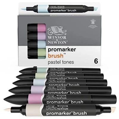 Imagen de Winsor &amp; Newton Promarker Brush Set de 6 Rotuladores Doble Punta, Punta Pincel, Tinta Base Alcohol, Tonos Pasteles