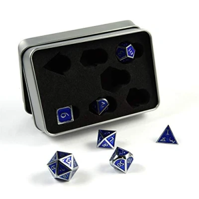 Imagen de shibby Juego de 7 Dados poliedricos Metal para Juegos rol y Mesa en Color Plateado Azul, Incluye Caja Almacenamiento, 60014946