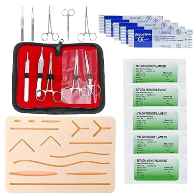 Imagen de Cresbel juego de suturas quirúrgicas: sutura quirúrgica, kit práctica sutura, ejercicios costura herida, cojín silicona con herramientas,