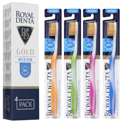 Imagen de Royal Denta Gold Juego de 4 cepillos dientes medianos cerdas doble longitud para limpieza interdental, partículas doradas contra bacterias, cepillo mediano eliminación