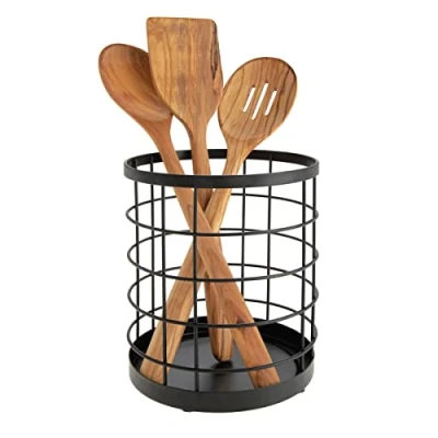 Imagen de iDesign Austin Organizador de cocina para encimera, soporte cubiertos redondo metal, negro mate, 15,2 cm x 17,8