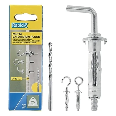 Imagen de Rapid Tacos de Expansión Metálicos, Pack 12 Metálicos y Ganchos para Pared Pladur 3 13 mm, Carga Máxima 25kg, paredes Huecas(5001556)