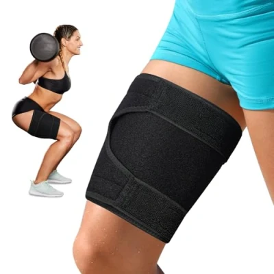 Imagen de supregear Brace de Soporte para Muslos, Envoltura Compresión Antideslizante Ajustable Hombres Mujeres Cuádruples, Negro, L/XL