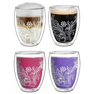 Imagen de Creano vasos de doble pared 250 ml Flowery White Cristal térmico con decoración Juego 4