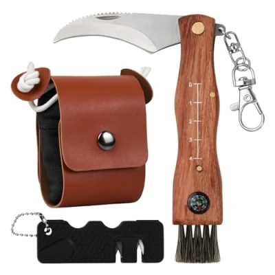 Imagen de Wisebom Navaja Setas, Champiñon Acero Inoxidable Cuchillo para Hongos con Cepillo y Regla Setera Pequeña Exterior Camping Plegable Hoja Curva (Negro)