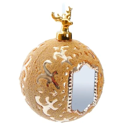 Imagen de BRUBAKER Adorno de Navidad Premium Ciervo Real para Árbol 10 cm con Espejo, Motivo Oro, Perlas y Figura Porcelana Hecho a Mano Bola Cristal