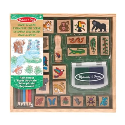 Imagen de Melissa &amp; Doug Juego de sellos madera, Selva, 20 sellos, 5 lápices y una almohadilla para estampar, Juguete creativo educativo, Regalo niños niñas 3 4 6 7 Años