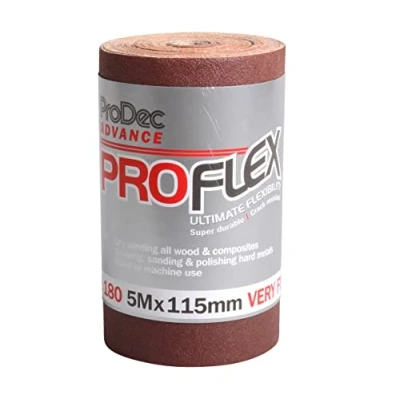 Imagen de ProDec Advance Rollo de papel lija abrasivo óxido aluminio ProFlex grado muy fino 5 m, fino, resistente a las grietas, para lijar madera, pintura, yeso, relleno, metal y más, 115 mm