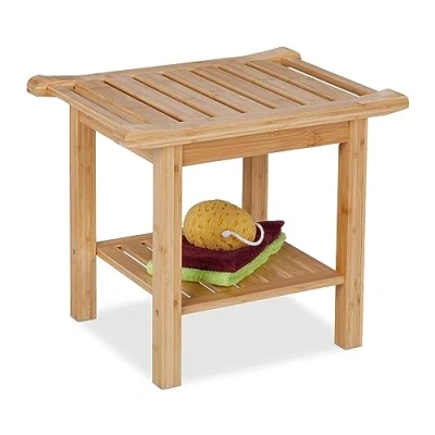 Imagen de Relaxdays Bambus Badhocker mit Griffen und Ablage Banco Baño Bambú, Taburete con Balda Adicional y Asas, Banqueta Cocina o Pasillo, 45 x 55 40,5 cm, Natural