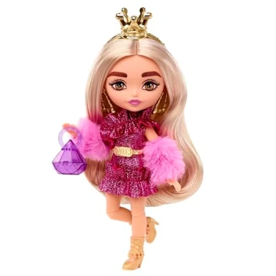 Imagen de Barbie Extra Mini Rubia con Corona Dorada Muñeca pequeña Vestido Rojo, Accesorios de Moda y Soporte, Juguete +3 años (Mattel HJK67)