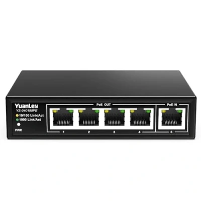 Imagen de YuanLey Extensor PoE Gigabit de 5 Puertos con 4 Salidas PoE, IEEE 802.3af/at/BT Mini Repetidor Canales 1000Mbps, Metálica, Protección contra Rayos 6KV, Escritorio, Switch Passthrough