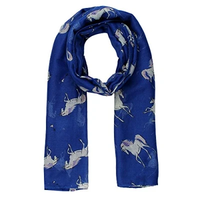 Imagen de World of Shawls Mujer Bufanda Caballos Estampado De Diseño Bufandas Damas Chal Envolvente Pañuelo Maxi Sarong Unicornio Caballo Azul Marino Azul, 100 x 180 cm