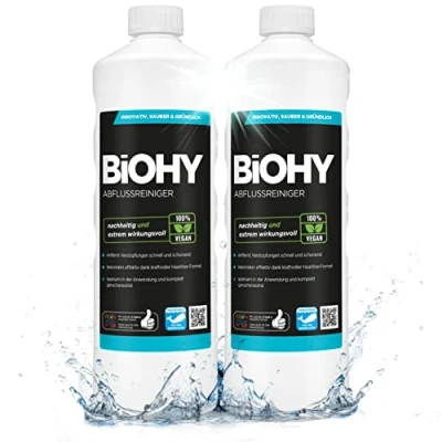 Imagen de BiOHY Limpiador de desagües (2 botellas 1 litro) elimina el vello sin esfuerzo Concentrado orgánico para cocina y baño extrafuerte contra los olores (abflussreiniger)